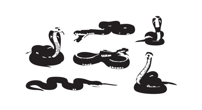 Cobra snake silhouettes set with different poisonous serpent poses including attacking and crawling isolated on white.