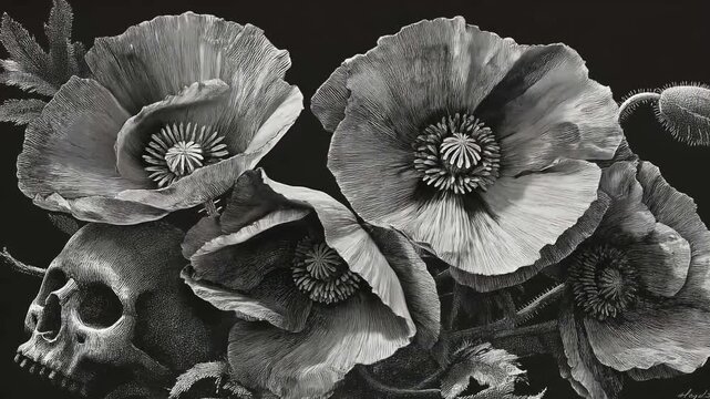 骸骨と花のモノクロ構図で繊細な花弁が妖しく揺れるダークアート風ループ映像 generative ai