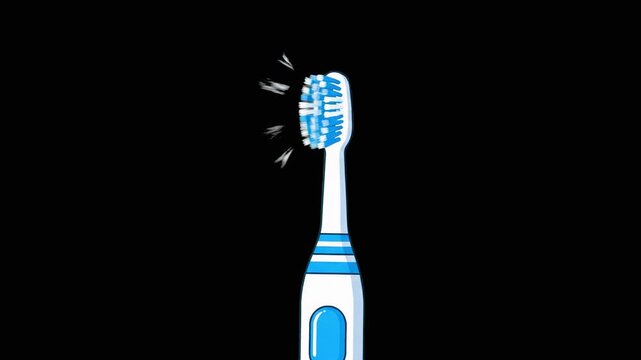 A white and blue electric toothbrush head vibrating rapidly with dynamic motion lines against a solid black screen. This high-contrast flat vector animation is perfect for dental hygiene explainers an