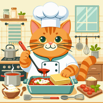 Charming feline chef meticulously crafts savory homemade lasagna, a culinary delight prepared with passion in a vibrant kitchen setting, showcasing culinary artistry and domestic warmth