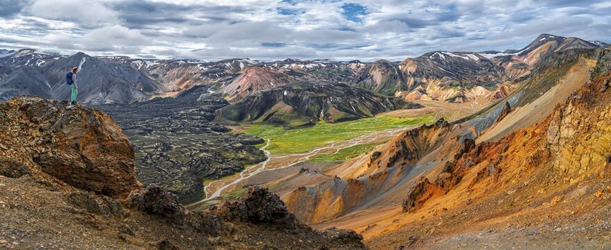 Landscape panorama, Dramatic volcanic landscape, Colourful erosion landscape with mountains, Lava field, Landmannalaugar, Fjallabak nature reserve, Su&eth;urland, Iceland
