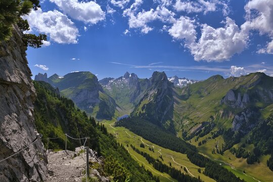 View of Alpstein with mountains Altmann and S&auml;ntis, Appenzell Alps, Canton Appenzell Innerrhoden, Switzerland