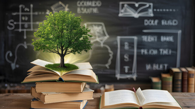 Tree of knowledge growing from open books against a chalkboard with scientific diagrams and equations