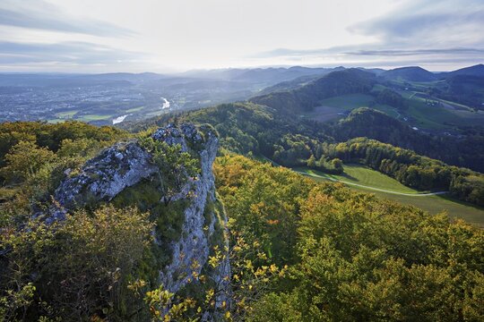View from the Gisliflue of an autumnal forest with the Jura foothills behind, Talheim, Canton, Aargau, Switzerland
