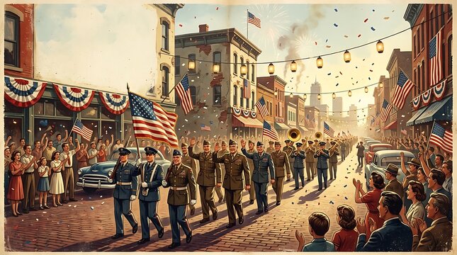 Soldiers march down a decorated street with American flags and cheering crowds during a festive parade.