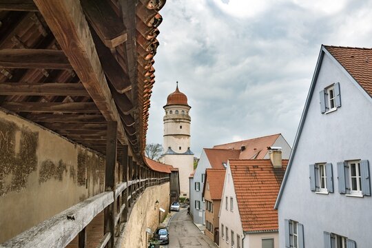 Old city wall and tower, Deiniger Tor, N&ouml;rdlingen, Swabia, Bavaria, Germany