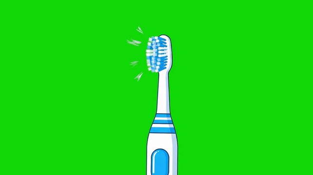 A modern white and blue electric toothbrush head vibrating rapidly against a solid chroma key background. This 2D flat vector animation is perfect for dental care explainer videos, morning routine vis