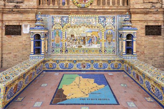 Azulejo tiles mosaic pictures, image of the city of Barcelona, Plaza de Espa&ntilde;a, Seville, Andalusia, Spain