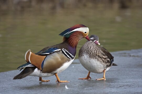 Courting Mandarin ducks (Aix galericulata) on ice at the water, pair of animals, Hesse, Germany