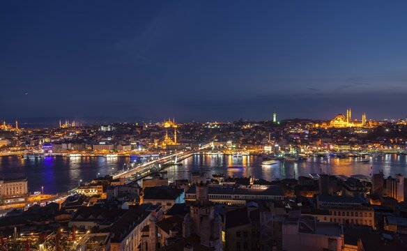 City view at night, Mosque Yeni Cami and Beyazıt Camii, Mosque Sultan Ahmet Camii and Hagia Sophia, S&uuml;leymaniye Camii, Galata Bridge, Golden Horn, Bosporus, Fatih, Istanbulan part, Turkey