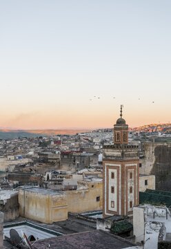 View of the old town, mosque with minaret, sunset, Fes-Boulemane, Fez, Morocco