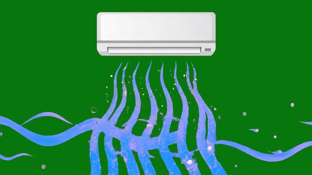 A white wall-mounted split system air conditioner blowing refreshing cold blue air currents downward. Designed for commercial stock use on chroma key green screen, suitable for HVAC and summer heat th