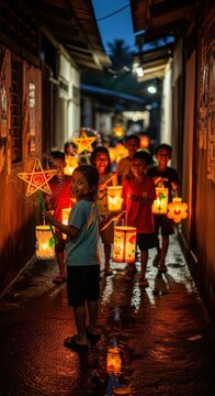 Group of Filipino children carrying traditional handmade parols in a narrow alleyway during Christmas season.