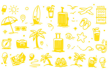 Summer beach icon element set. Hand drawn doodle sketch with sun, sea, travel vacation holiday trip. Cute beach icon elements with sunglasses umbrella palm camera suitcase. Vector illustration © Top