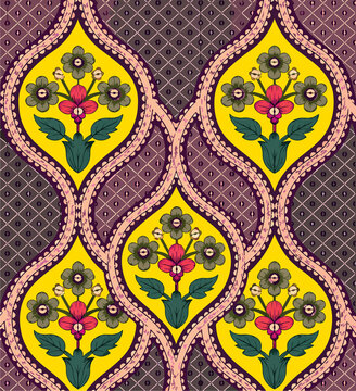 Premium traditional ethnic seamless pattern featuring classic Mughal floral boota motifs enclosed in an elegant geometric ogee grid. Blending rich Indian heritage structures with a detailed dotted bac