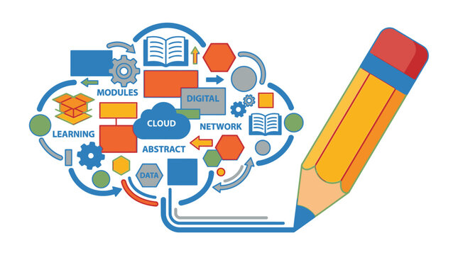 Pencil drawing digital network cloud with learning modules and gears, education concept, data flow and connectivity