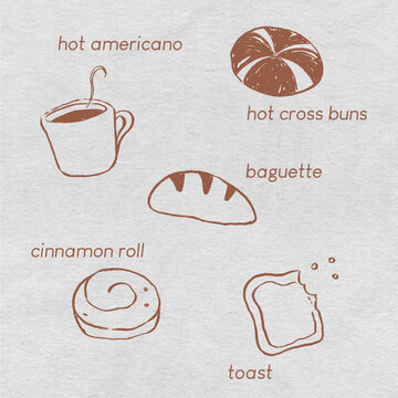 Handdrawn food and beverage vector illustration set for cafe bakery | vintage retro paper texture style