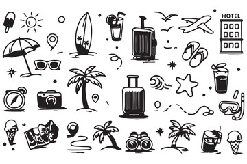 Summer beach icon element set. Hand drawn doodle sketch with sun, sea, travel vacation holiday trip. Cute beach icon elements with sunglasses umbrella palm camera suitcase. Vector illustration © Top