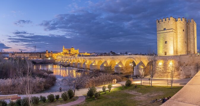 Illuminated fortress Torre de la Calahorra with Puente Romano, Roman bridge over Rio Guadalquivir, behind Mezquita, Catedral de C&oacute;rdoba, night view, Cordoba, Andalusia, Spain