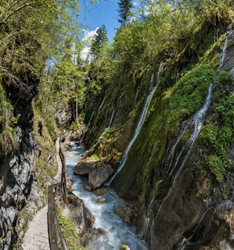Wodden boardwalk leads along the Wimbach river through the Wimbach Ravine, Wimbachtal, Ramsau near Berchtesgaden, Berchtesgaden area, Upper Bavaria, Bavaria, Germany