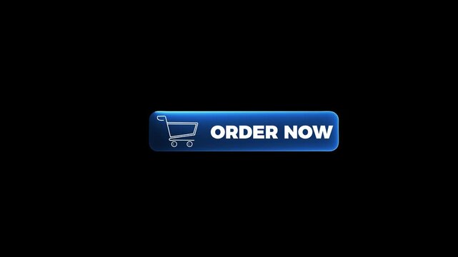 Glowing blue neon order now button with shopping cart icon on black background