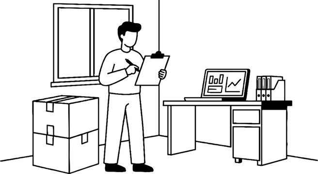 Office worker checking inventory with clipboard and computer