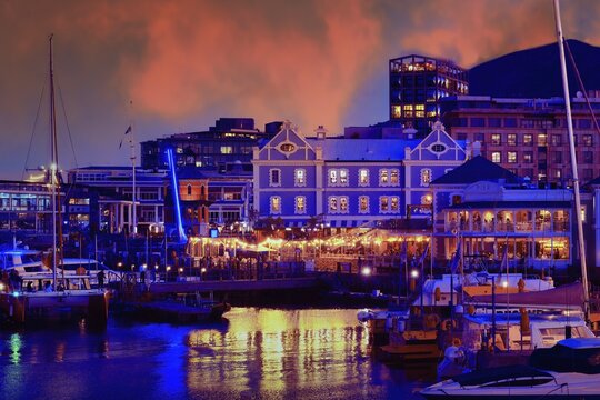Victoria and Albert waterfront and harbor at sunset, Cape Town, South Africa