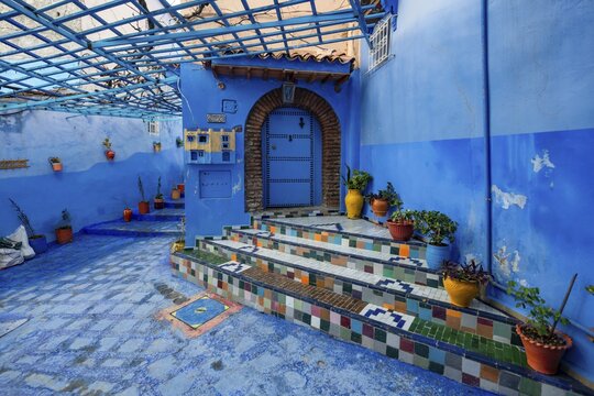 Colorfully tiled staircase with flower pots, blue entrance door, narrow alley, medina of Chefchaouen, Chaouen, Tanger-T&eacute;touan, Morocco