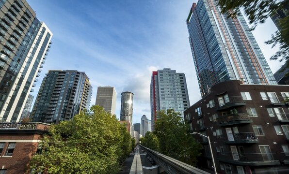 View from the Monorail Railway to skyscrapers and downtown, Seattle Center, Seattle, Washington, USA