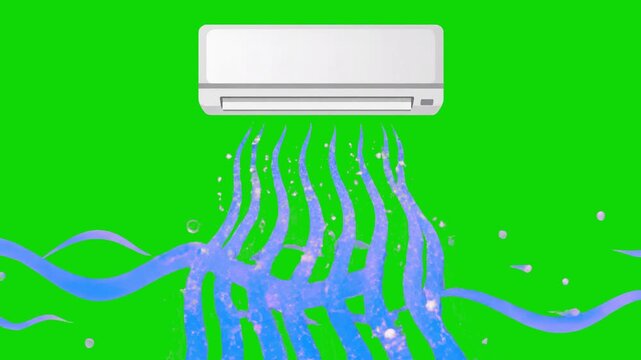 A white wall-mounted split system air conditioner blowing refreshing cold blue air currents downward. Designed for commercial stock use on chroma key green screen, suitable for HVAC and summer heat th