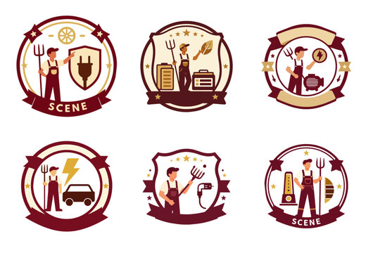 Vintage Emblem Design: Rural Sustainability and Clean Energy Concept Featuring Farmer and EV Icons, Perfect for Rustic Eco Branding and Modern Electric Vehicle Advertising.