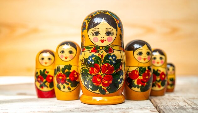 Traditional Russian Matryoshka dolls arranged in rows, brightly painted with floral patterns, symbolizing heritage, family, and craftsmanship, set against rustic wooden background evoking cultural dep