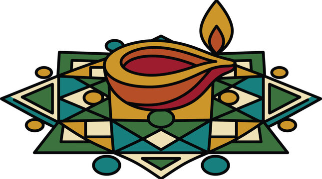 Traditional Indian diya lamp and rangoli pattern, decorative, festival celebration, auspicious symbols, cultural design, spiritual illumination, geometric motifs, warm colors, vector illustration