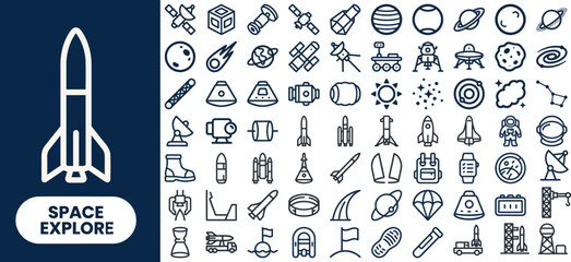 Space Exploration and Cosmos outline icon set. Featuring rocket launch, satellite, planet, astronaut, and telescope symbols. Editable stroke vector icons for space agencies and astronomy. © Pixel_Forge