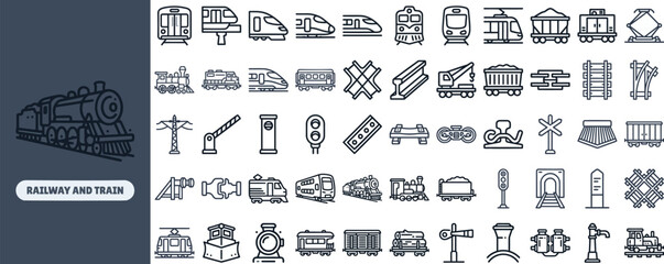 Railway and Train Transport outline icon set. Featuring locomotive, freight car, station platform, signal, and rail track symbols. Editable stroke vector icons for transit apps and rail sites. © Pixel_Forge