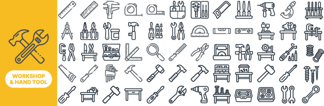 Workbench and Hand Tool outline icon set. Featuring hammer, screwdriver, wrench, saw, and tape measure symbols. Editable stroke vector icons for DIY apps and tool shops.