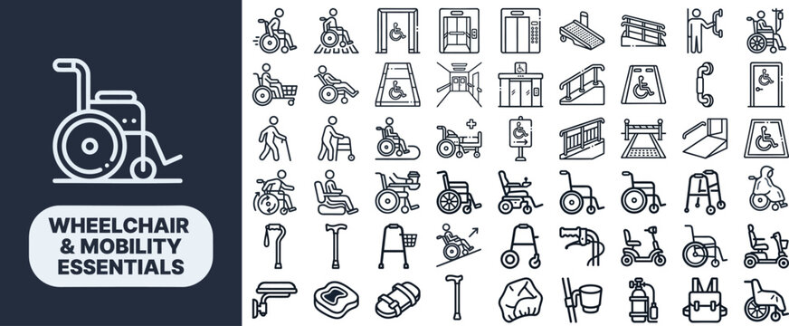 Wheelchair and Mobility outline icon set. Featuring manual wheelchair, power chair, ramp, cane, and lift symbols. Editable stroke vector icons for accessibility apps and mobility aids.