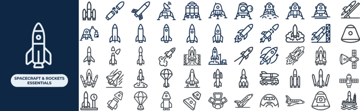 Spacecraft and Rocket Mission outline icon set. Featuring rocket, lander module, space shuttle, capsule, and orbiter symbols. Editable stroke vector icons for aerospace and mission sites.