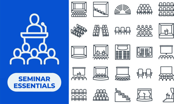 Conference and Webinar outline icon set. Featuring keynote stage, live stream, attendee row, badge, and Q&A bubble symbols. Editable stroke vector icons for event apps and webinar sites.