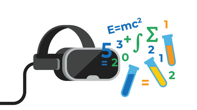 Virtual reality headset displaying complex math equations and science symbols, representing education and innovation