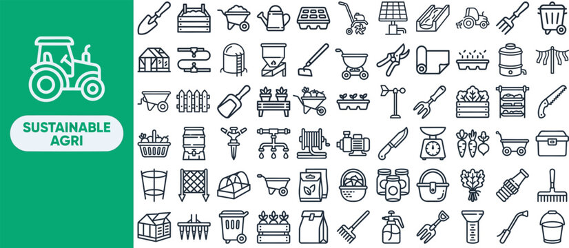 Sustainable Agriculture outline icon set. Featuring crop rotation, drip line, organic seed, tractor, and compost symbols. Editable stroke vector icons for agritech apps and farm coops.