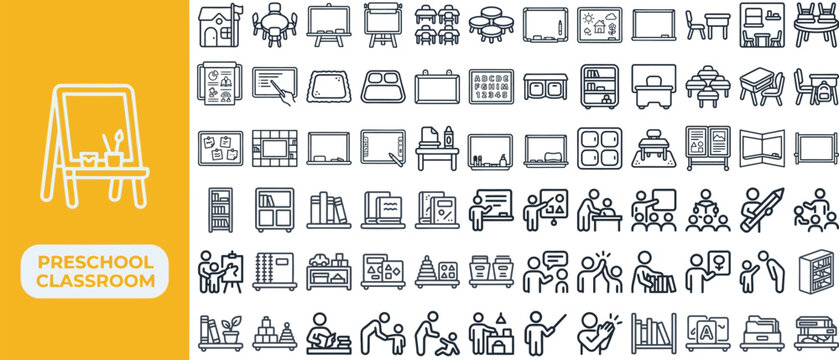 Preschool Classroom and Kids Learn outline icon set. Featuring crayon, easel, alphabet block, story book, and play mat symbols. Editable stroke vector icons for nursery apps and daycare sites.