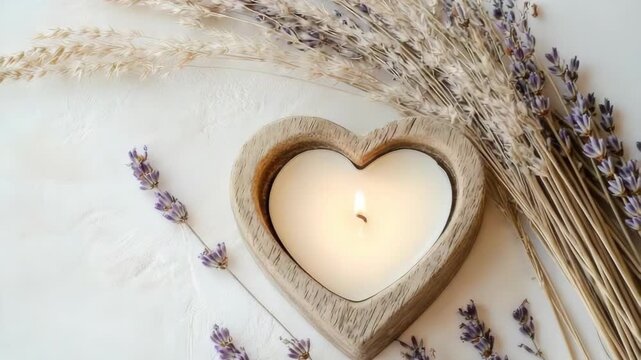 Heart shaped candle sits next to dried lavender on a light surface. The setup highlights simple natural elements during daylight hours. The candle is unlit