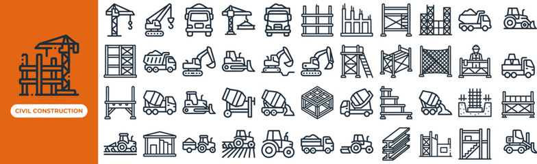 Civil Engineering and Heavy Build outline icon set. Featuring excavator, crane, bulldozer, cement truck, and survey tripod symbols. Editable stroke vector icons for civil firms and infrastructure. © Pixel_Forge