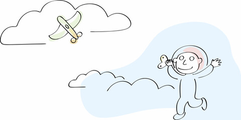 line drawing of child running with airplane and clouds © Rathin