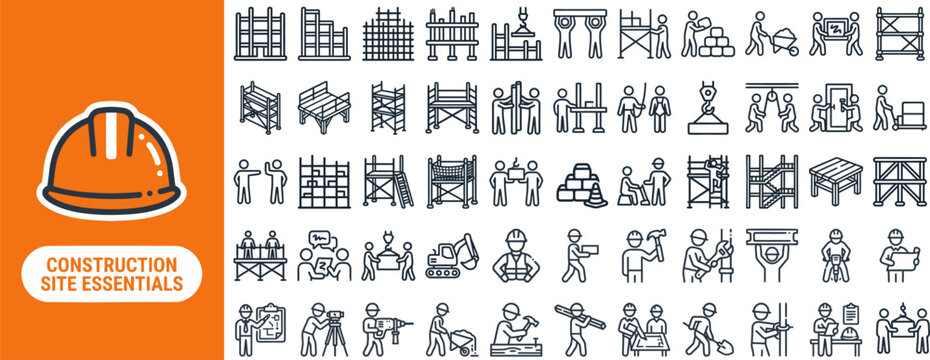 Construction Site Worker outline icon set. Featuring builder, hardhat, scaffolding, brick wall, and concrete mixer symbols. Editable stroke vector icons for contractor sites and building firms.