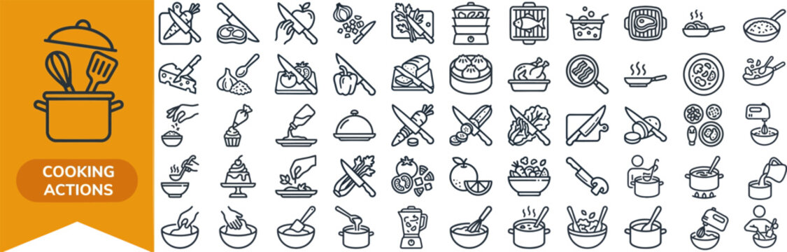 Cooking Action and Kitchen Prep outline icon set. Featuring chopping, stirring, frying, baking, and grating symbols. Editable stroke vector icons for recipe blogs and cooking apps.