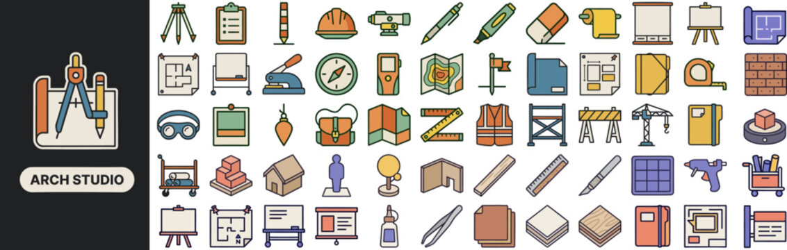 Architect Workspace flat icon set. Featuring drawing board, scale model, blueprint roll, monitor, and mug symbols. Editable stroke vector icons for architecture firms and studio apps.