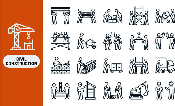 Construction Crew and Worker Team outline icon set. Featuring foreman, laborer, surveyor, mason, and engineer symbols. Editable stroke vector icons for contractor apps and labor sites.
