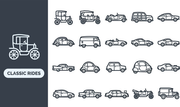 Classic Cars and Vintage Auto outline icon set. Featuring old sedan, retro coupe, antique convertible, hot rod, and classic taxi symbols. Editable stroke vector icons for auto blogs and car clubs.